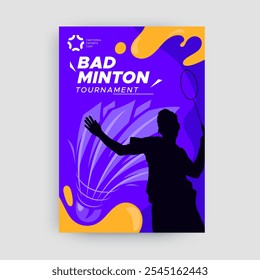 badminton esportes conceito cartaz design, ilustração vetorial de um atleta badminton com um salto esmagador. design estilo silhueta colorida, grunge. badminton nacional esportes celebração do dia 