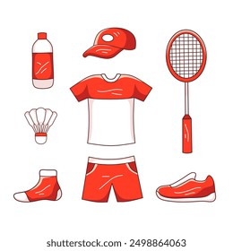 Ilustración de la colección del equipo deportivo del bádminton Diseño del elemento del volante del bádminton, raqueta, zapatos, camisetas y otros