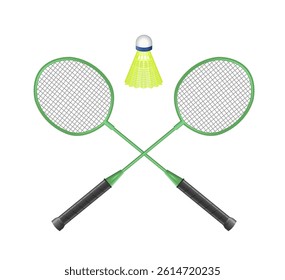 Badminton symbol. Badminton rackets and shuttlecock on white background. Vector realistic illustration