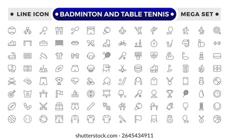 Badminton and Table Tennis Outline icon collection featuring sports equipment, activities, and athletes—football, basketball, cycling, running, swimming, trophies, teamwork, training, competition.
