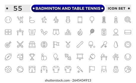 Badminton and Table Tennis Outline icon collection featuring sports equipment, activities, and athletes—football, basketball, cycling, running, swimming, trophies, teamwork, training, competition.
