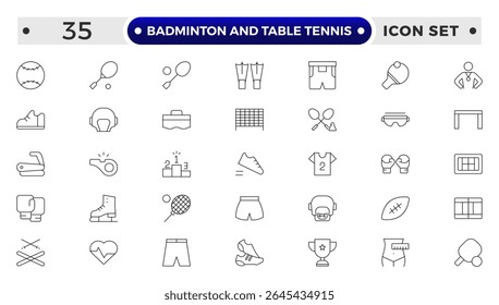 Badminton and Table Tennis Outline icon collection featuring sports equipment, activities, and athletes—football, basketball, cycling, running, swimming, trophies, teamwork, training, competition.
