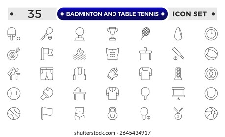 Badminton and Table Tennis Outline icon collection featuring sports equipment, activities, and athletes—football, basketball, cycling, running, swimming, trophies, teamwork, training, competition.

