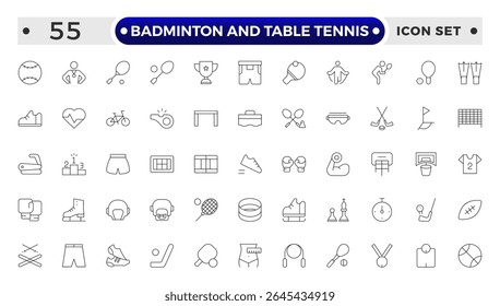 Badminton and Table Tennis Outline icon collection featuring sports equipment, activities, and athletes—football, basketball, cycling, running, swimming, trophies, teamwork, training, competition.
