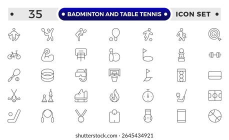 Badminton and Table Tennis Outline icon collection featuring sports equipment, activities, and athletes—football, basketball, cycling, running, swimming, trophies, teamwork, training, competition.
