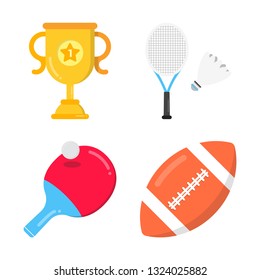 Badminton and table tennis rackets, football ball, golden cup sport set flat style design vector illustration icon signs isolated on white background. Symbols of the weightlifting sport equipment.