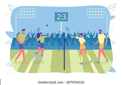 Juego de equipo de Badminton frente al gran público. Hombre y mujer en ropa deportiva jugando unos contra otros. El atleta lanza el bloqueo de red estirado. Puntuación mostrada en el marcador, gente sentada en el banco.