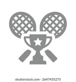 Campeonato de Badminton ou tênis com taça de prêmio. Racquet ou raquete cruzado, torneio de tênis e campeão vencedor ícone vetor.