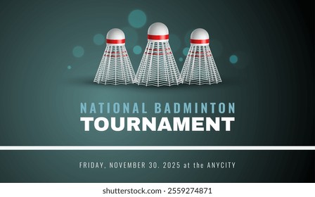 Badminton tournament. Banner template design. 3d realistic isolated shuttlecock, championship invitation horizontal poster, professional sport background, wallpaper vector concept