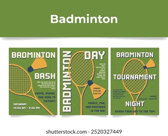 Anuncios de torneos de bádminton que contienen el nombre del evento, la fecha y un diseño brillante para atraer a los participantes y espectadores.