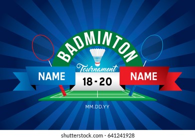 Badminton tournament design with players and scoreboard.