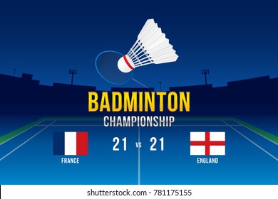 Badminton tournament design with players and scoreboard.