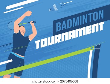 Badminton tournament flat horizontal poster with male player in motion hitting shuttlecock with racquet across net vector illustration