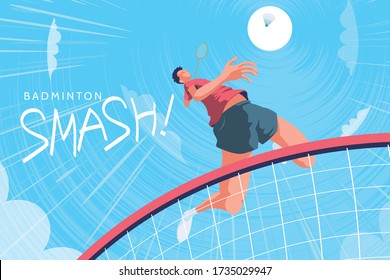 Badminton tournament poster, bottom up view of young energetic player doing super jump smash in fish eye view