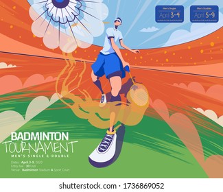 Badminton-Poster-Vorlage, Bottom-up-Fischaugen-Ansicht männlicher Charakter markierender Shuttlescock im flachen Stil