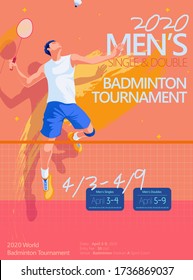 Badminton tournament poster template, side view of male character doing jump smash in flat style