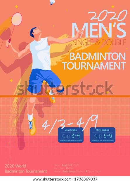Badminton tournament poster template,\
side view of male character doing jump smash in flat\
style