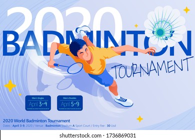 Badminton tournament poster template, top view of a male character jumping high to strike shuttlecock, in flat style - Shutterstock ID 1736869031