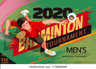 Badminton Poster-Vorlage, Top-Ansicht eines männlichen Charakters, der hoch springt, um Shuttleservice zu schlagen, in flachem Stil