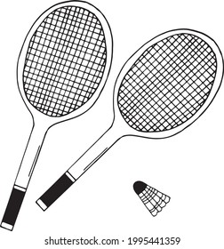 bádminton dos raquetas y juego de medias. icono del doodle dibujado a mano. vector, escandinavo, nórdico, minimalismo, monocromo. equipo deportivo