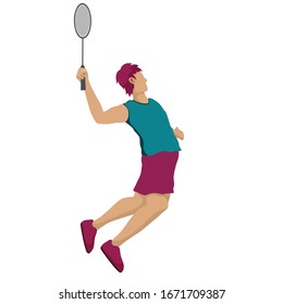 Niño vector Badminton. Antecedentes deportivos con atleta de bádminton jugando al atletismo. Ilustración aislada de personas isométricas.