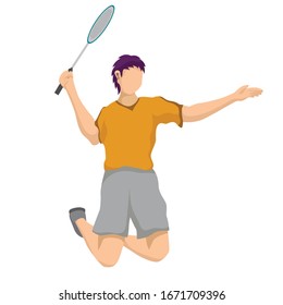 Badminton vector boy. Sport background with badminton athlete playing athletics competition. Isolated isometric people illustration.