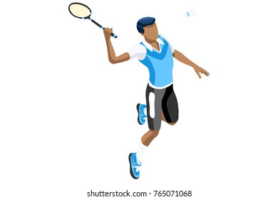 Badminton vector boy. Sport background with badminton athlete playing athletics competition. Isolated isometric people illustration.