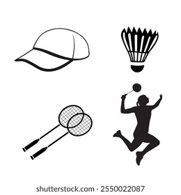 Badminton Vetor Clip Art Set, Esporte Badminton Racket Ilustração Jogo Isolados Elementos, Badminton Profissional Entretenimento Jogador Silhueta Elemento Esporte Racket Feather Collection.