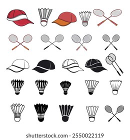 Badminton Vetor Clip Art Set, Esporte Badminton Racket Ilustração Jogo Isolados Elementos, Badminton Profissional Entretenimento Jogador Silhueta Elemento Esporte Racket Feather Collection.