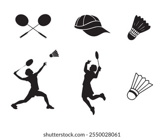 Juego de siluetas de arte de Clip de Vector de bádminton, ilustración de raqueta Elementos y equipos deportivos aislados, Profesional de bádminton jugador silueta contorno con elemento, Colección de plumas deportivas.