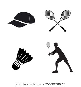 Juego de siluetas de arte de Clip de Vector de bádminton, Ilustración de raqueta Elementos y equipos deportivos aislados, Profesional de bádminton jugador silueta contorno con elemento, Colección de pluma deportiva