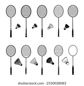 Juego de siluetas de arte de Clip de Vector de bádminton, Ilustración de raqueta Elementos y equipos deportivos aislados, Profesional de bádminton jugador silueta contorno con elemento, Colección de pluma deportiva