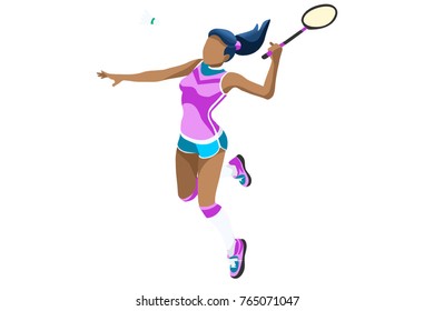 Badminton vector girl. Sport background with badminton athlete playing athletics competition. Isolated isometric people illustration.