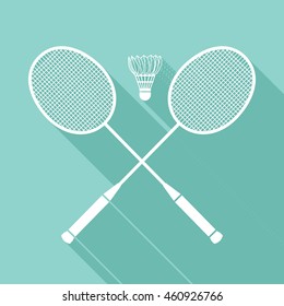 Badminton vector icon with long shadow. White illustration isolated on green background for graphic and web design.