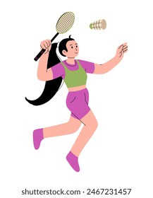 Badminton vector illustration. One Badminton player jumping smash shot. Character for sports standings web, postcard, mascot, sport school. Healthy lifestyle background. Vector flat illustration.