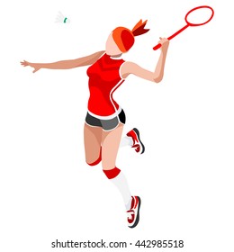 Badminton Woman Player Sportswoman Games Icon Set. 3D Isometric Player. Sporting Championship People Set Badminton Match Competition. Sport Infographic events Vector Illustration.