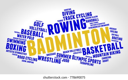 Badminton. Word cloud, blue text, grey gradient background. Summer sports.