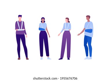 Badnaged injury concept. Vector flat patient character illustration set. Broken arm. Man and woman standing with injured hand in bandage. Design element for health care, medical infographic.