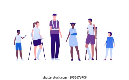 Badnaged injury concept. Vector flat child patient character illustration set. Collection of different age boy and girl standing with injured joints in bandage and crutches. Design for health care.