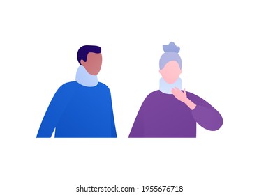 Badnaged injury concept. Vector flat patient character illustration set. Neck injury. African american man and old woman with neck brace. Design element for health care, medical infographic.