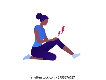 Badnaged injury concept. Vector flat patient character illustration set. Knee pain. African american female athlete sitting with injured leg in bandage and crutches. Design element for health care.