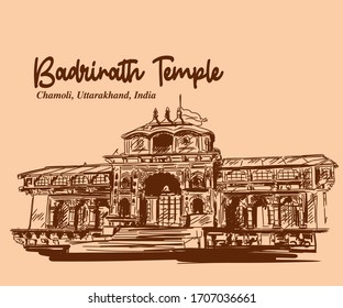 Badrinath the vishnu Temple Chamoli, Uttarakhand, India sketch to vector illustrator. char dham yatra