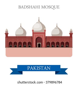 Badshahi Mosque in Lahore Pakistan. Flat cartoon style historic sight showplace attraction web site vector illustration. World countries cities vacation travel sightseeing Asia collection.