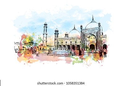 Badshahi Mosque in Lahore, Pakistan. Template for Ramadan Kareem and Eid Mubarak. Watercolor splash with Hand drawn sketch illustration in vector.