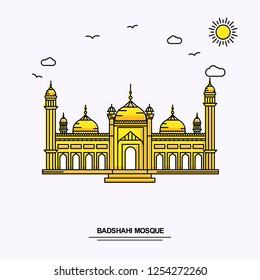 BADSHAHI MOSQUE Monument Poster Template. World Travel Yellow illustration Background in Line Style with beauture nature Scene
