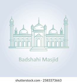 Badshahi mosque outline monument Lahore Pakistan, architectural landmark, golden color, illustration art