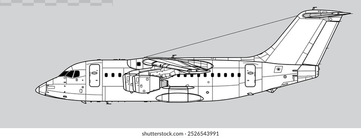 BAe 146-100. Avro RJ70. Vector drawing of regional airliner. Side view. Image for illustration and infographics.