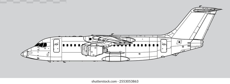 BAe 146-200. Avro RJ85. Vector drawing of regional jet airliner. Side view. Image for illustration and infographics.