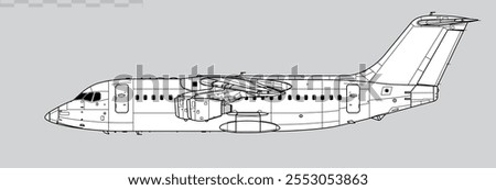 BAe 146-200. Avro RJ85. Vector drawing of regional jet airliner. Side view. Image for illustration and infographics.