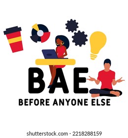 BAE - Antes que nadie más. fondo de concepto de negocio. concepto de ilustración vectorial con palabras clave e iconos. ilustración con iconos para banner web, volante, página de inicio